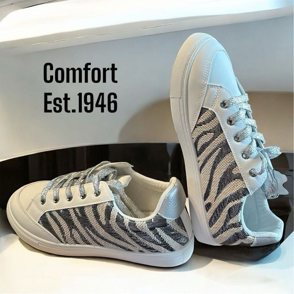 Comfort Est 1946 Cato’s Black White Metallic Zebra Print Sneakers Silver Laces